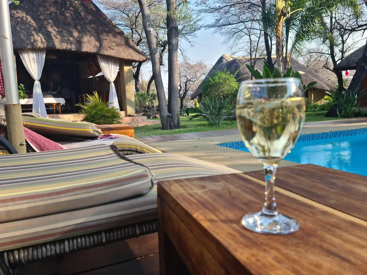 Relaxing moment with a glass of wine at a safari lodge during a custom safari in South Africa.